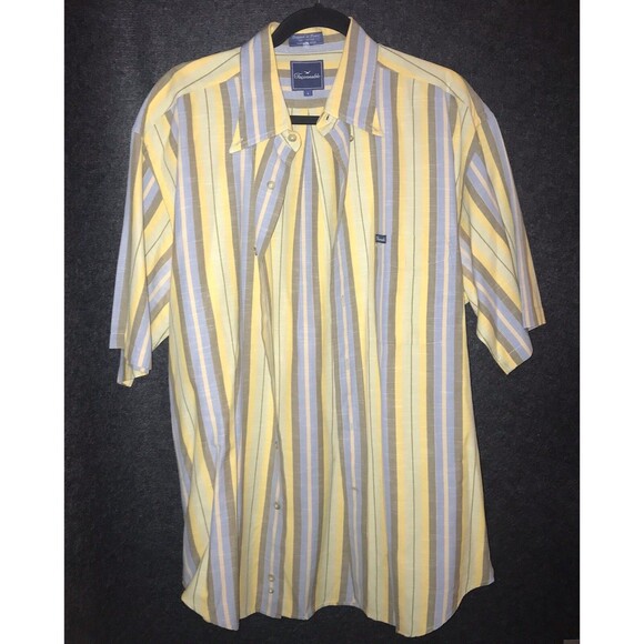 Faconnable Men's Casual Shirt Large Stripe Yellow Blue Grey Button Short Sleeve - Picture 3 of 11